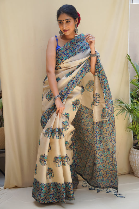 Pravaah Elephant Motifs Silk Saree