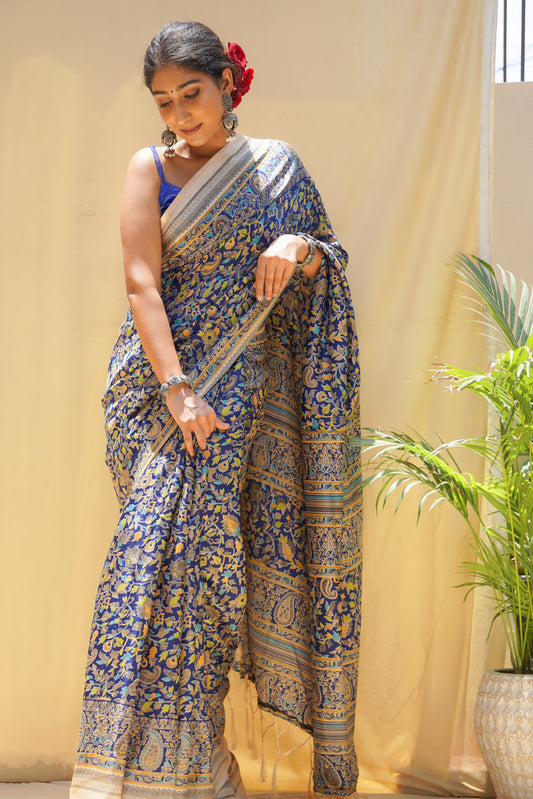 Pravaah Indigo Floral Print Silk Saree