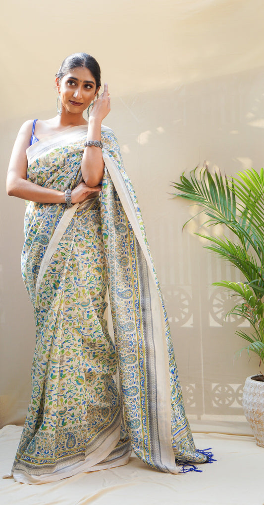 Pravaah Blue Floral Jaal Silk Saree