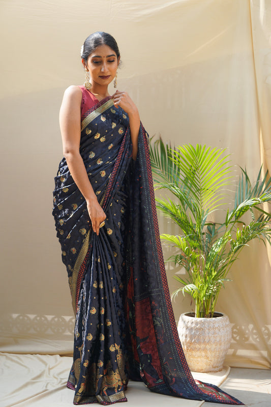 Pravaah Royal Black and Gold Baraat Border Silk Saree