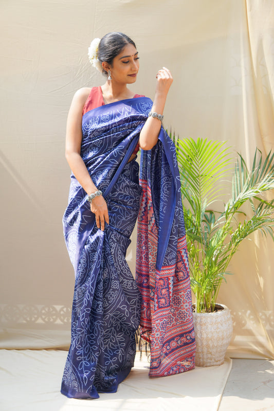 Pravaah Indigo Bandhani Print Silk Saree