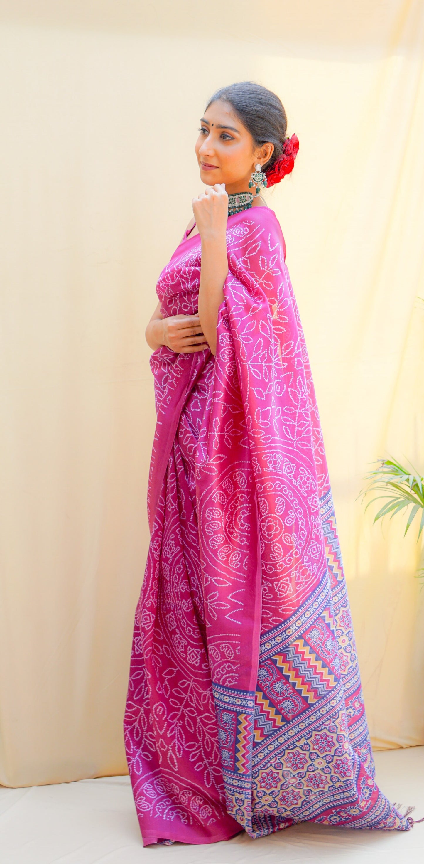 Pravaah Pink Bandhani Silk Saree