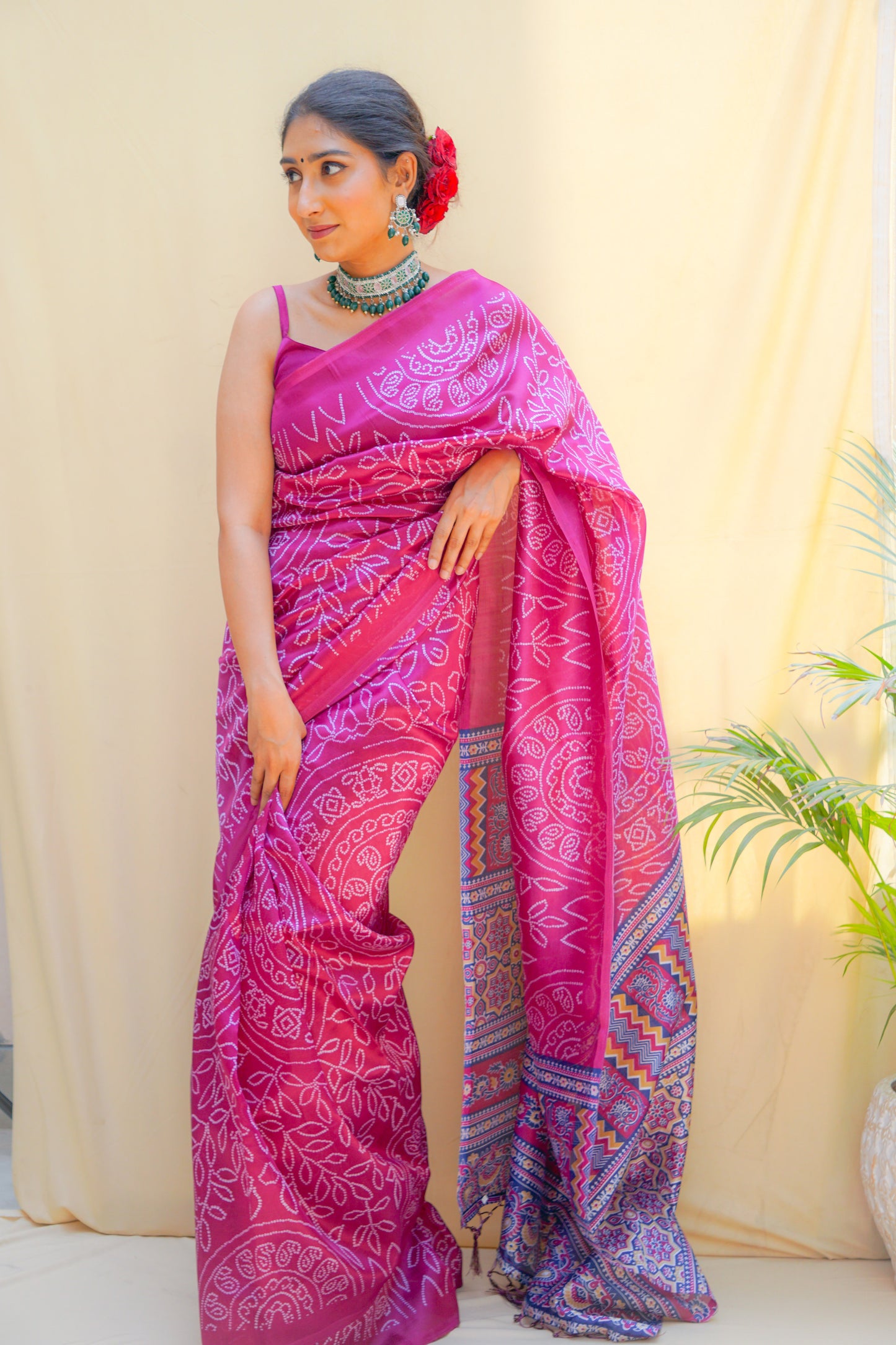 Pravaah Pink Bandhani Silk Saree