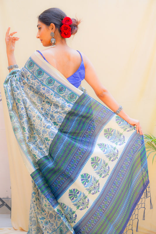 Pravaah Blue Floral Jaal Silk Saree