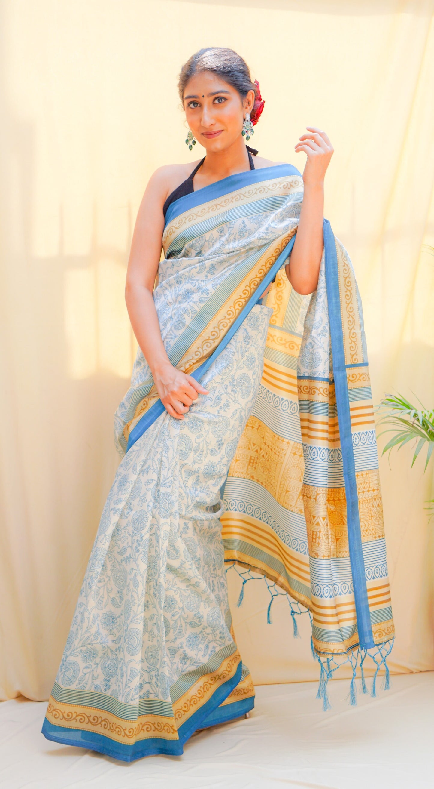 Pravaah Blue & Mustard Floral Jaal Silk Saree