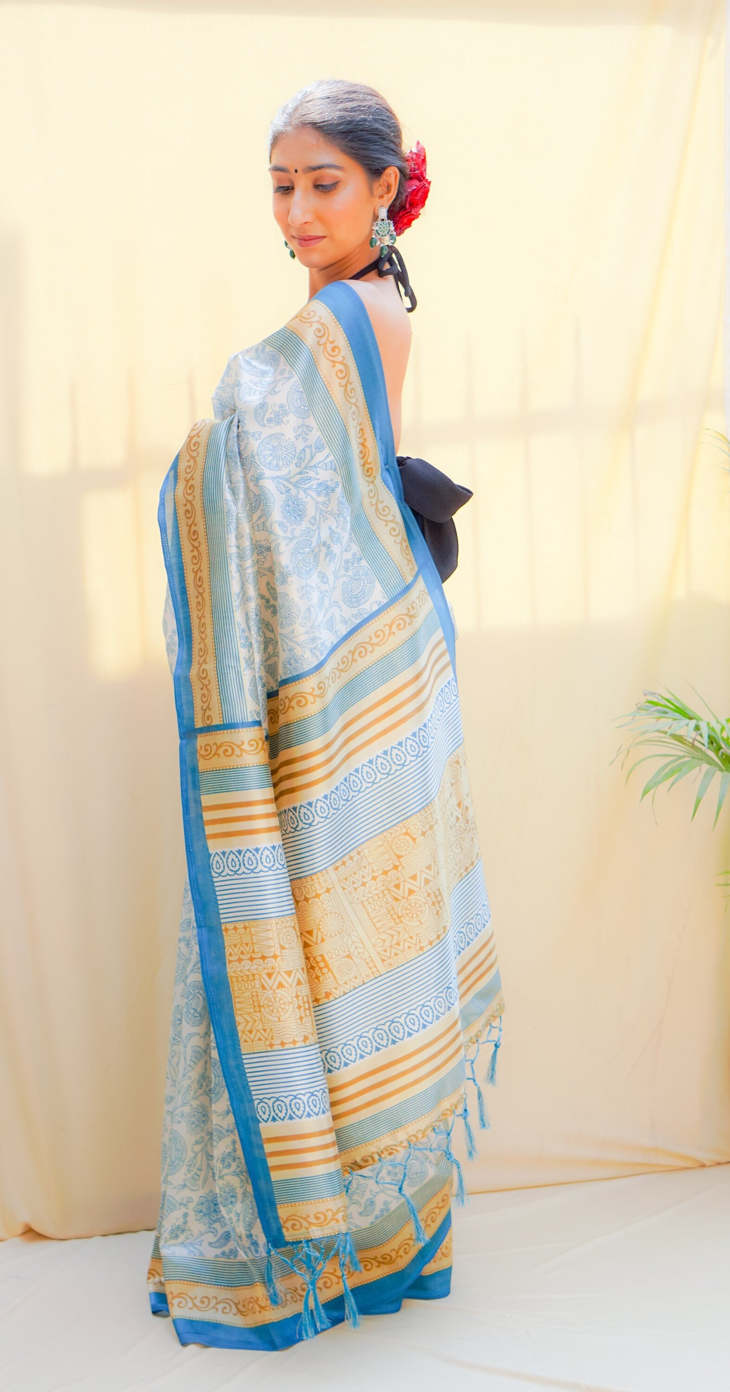 Pravaah Blue & Mustard Floral Jaal Silk Saree