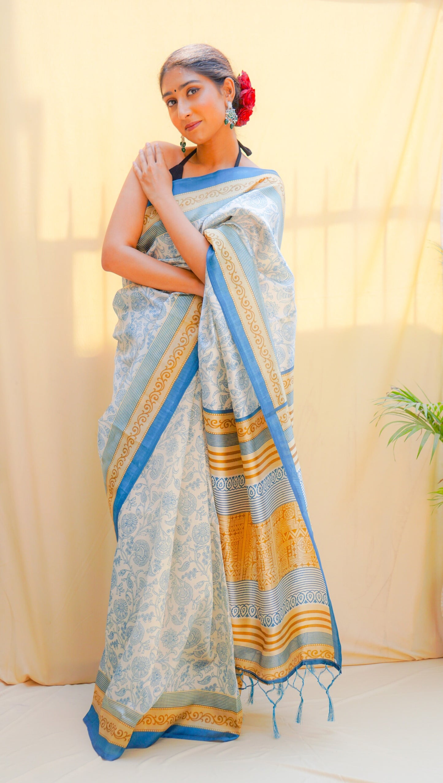 Pravaah Blue & Mustard Floral Jaal Silk Saree