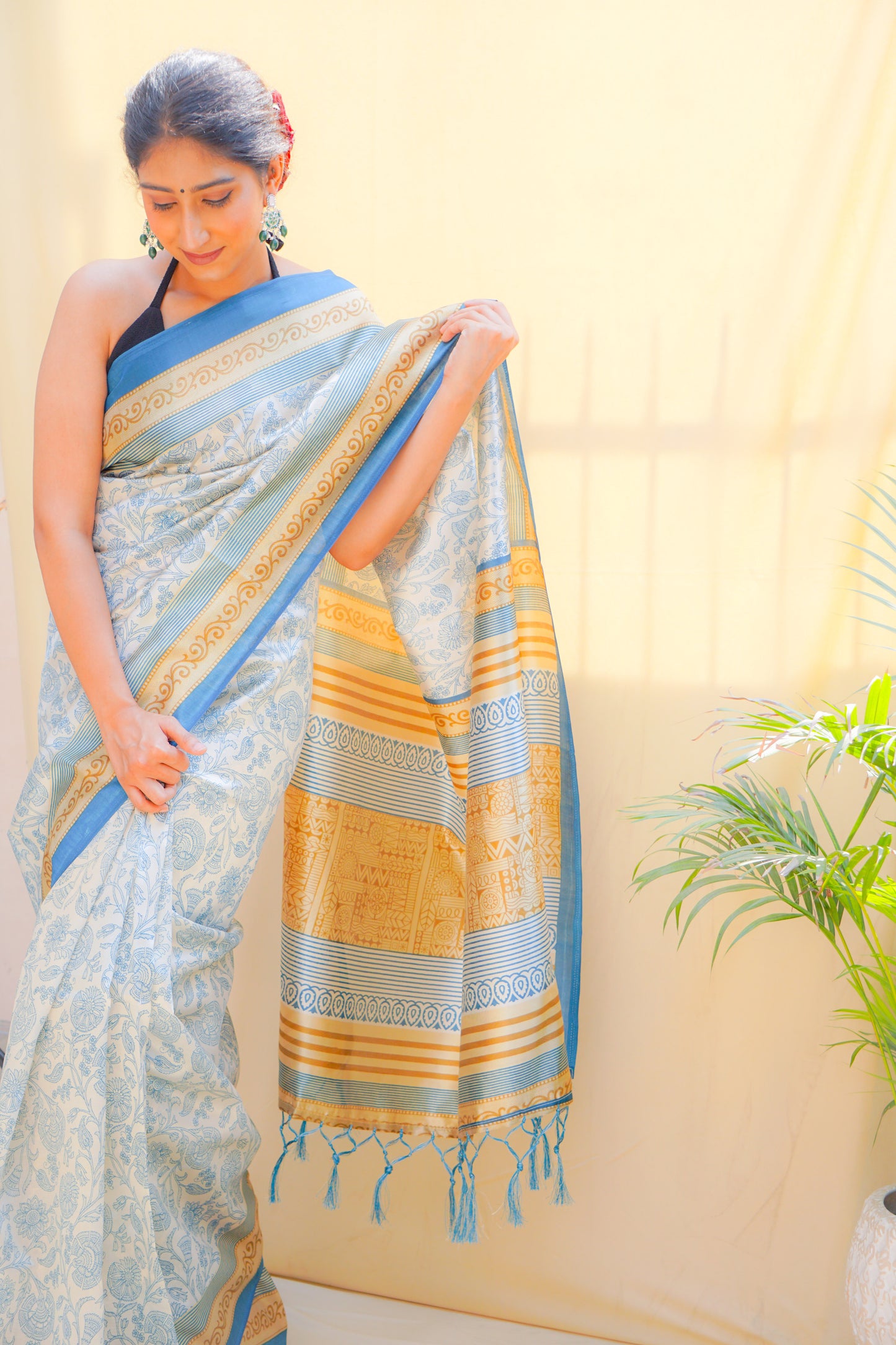 Pravaah Blue & Mustard Floral Jaal Silk Saree