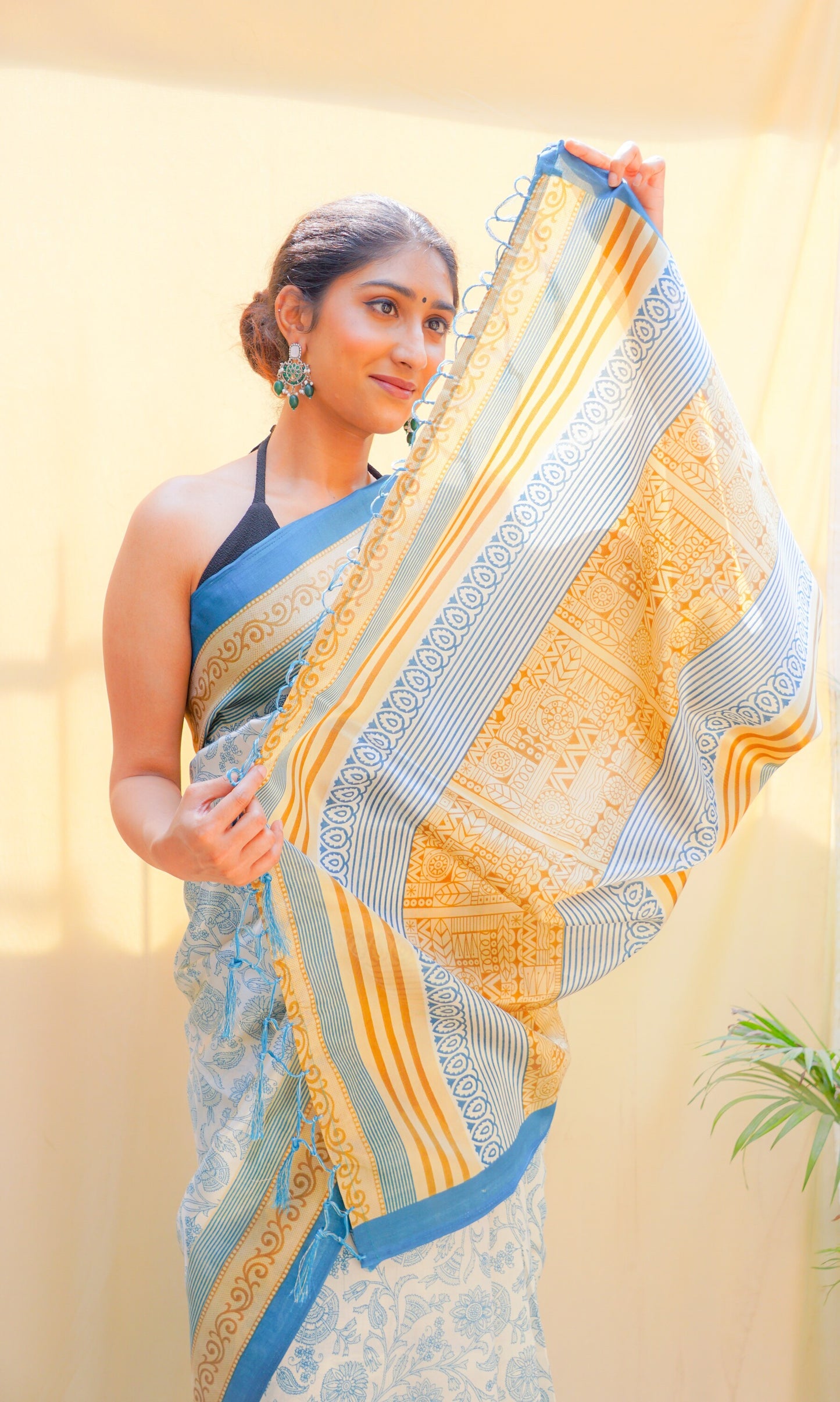 Pravaah Blue & Mustard Floral Jaal Silk Saree