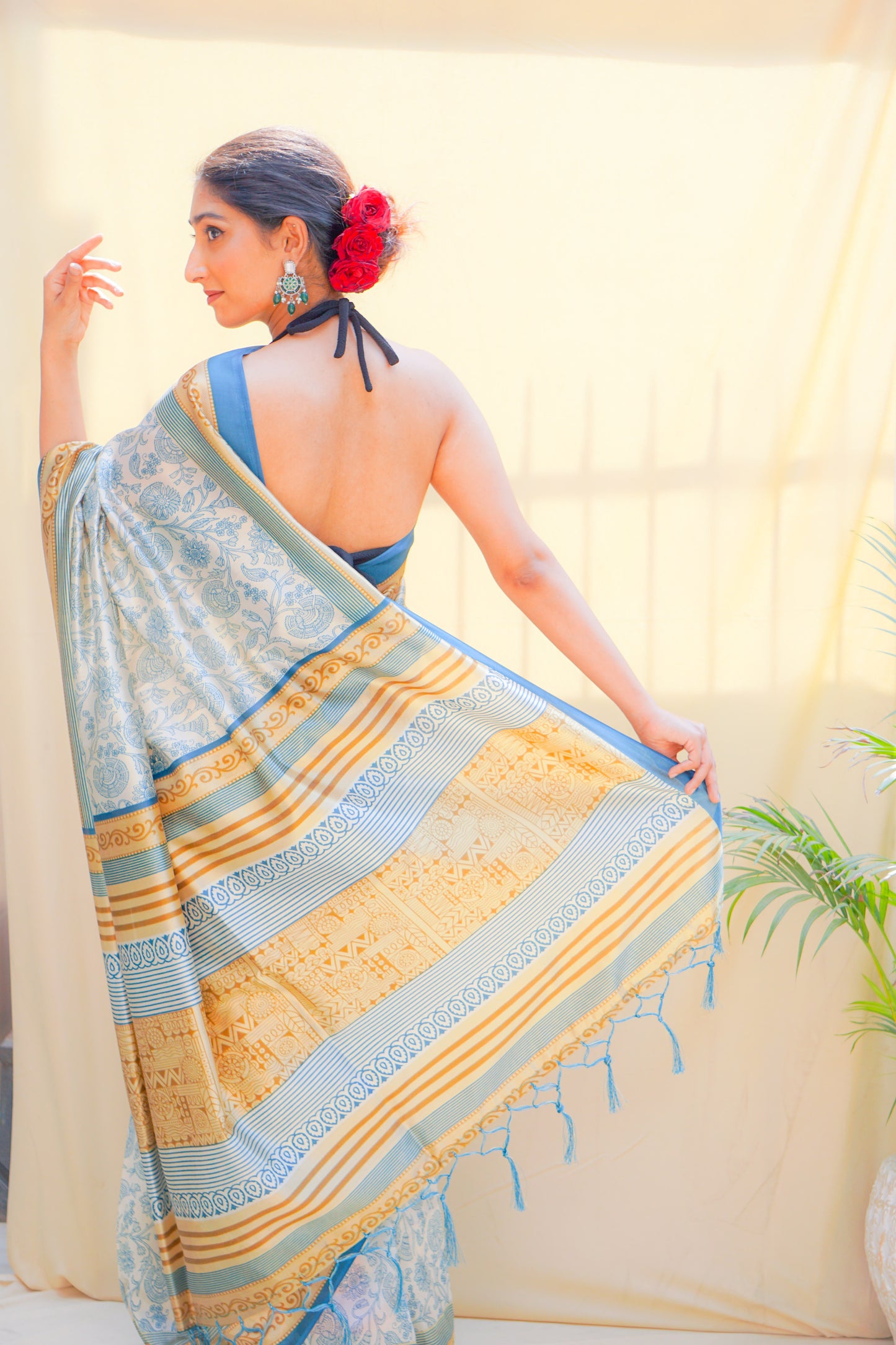 Pravaah Blue & Mustard Floral Jaal Silk Saree