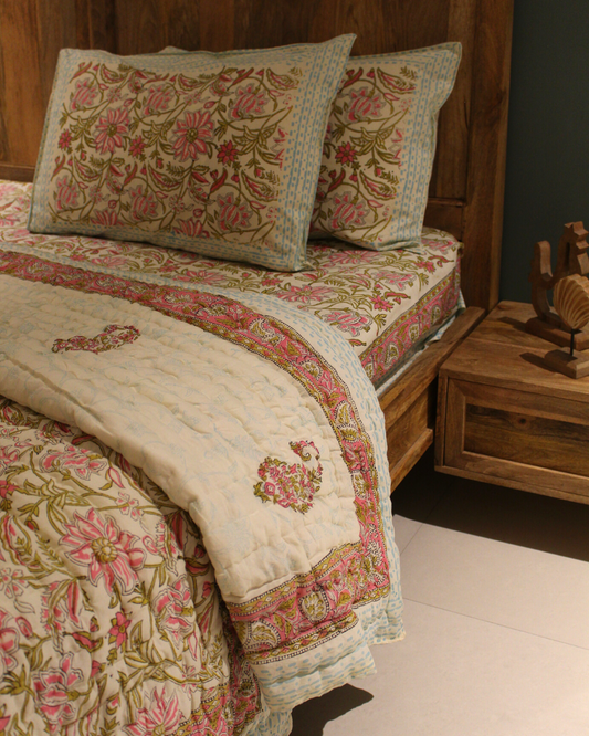 Magnolia Handblock Printed Reversible Bedset - 137