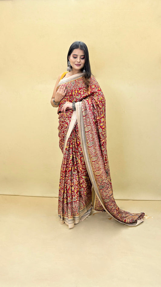 Festive Weaves Red Floral Jaal Silk Saree