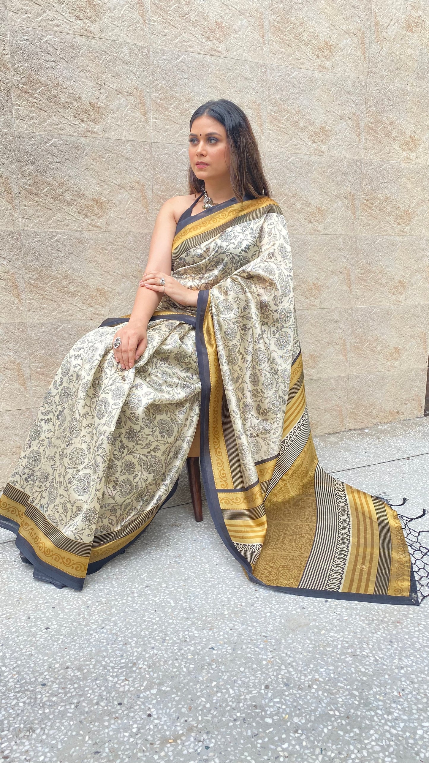 Mustard Off White Ajrakh Jaal Printed Silk Saree