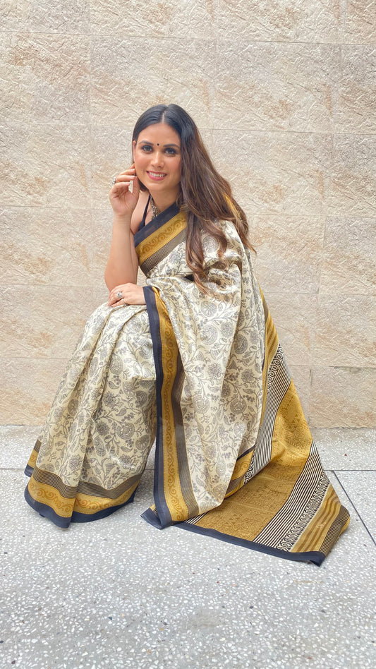 Mustard Off White Ajrakh Jaal Printed Silk Saree