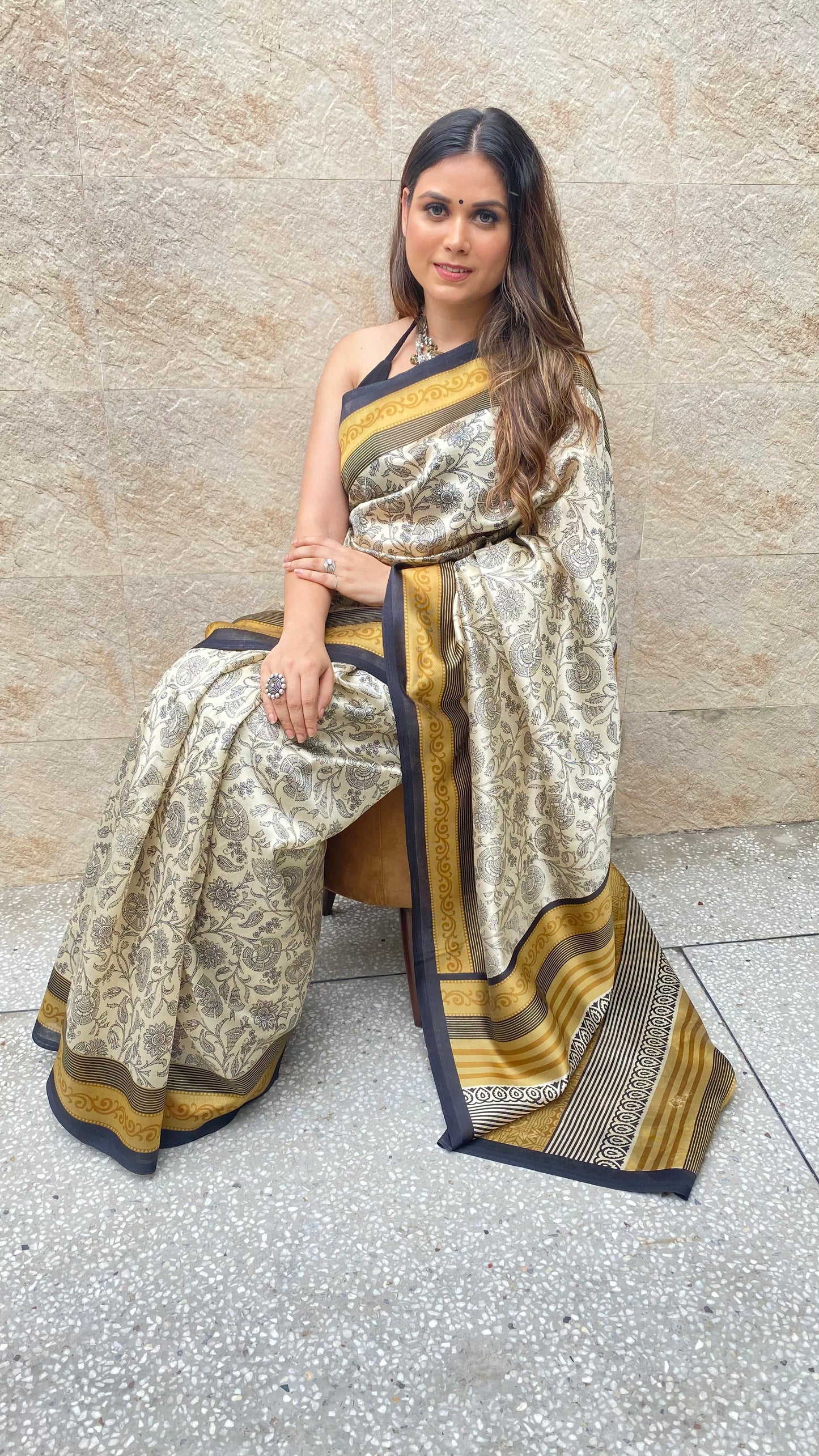 Mustard Off White Ajrakh Jaal Printed Silk Saree