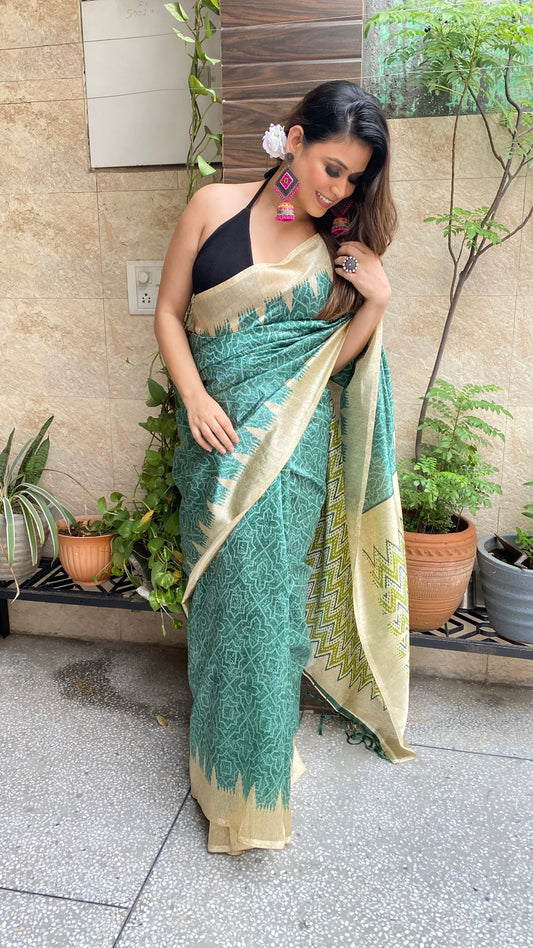 Green Ajrakh Digitally Printed Silk Saree