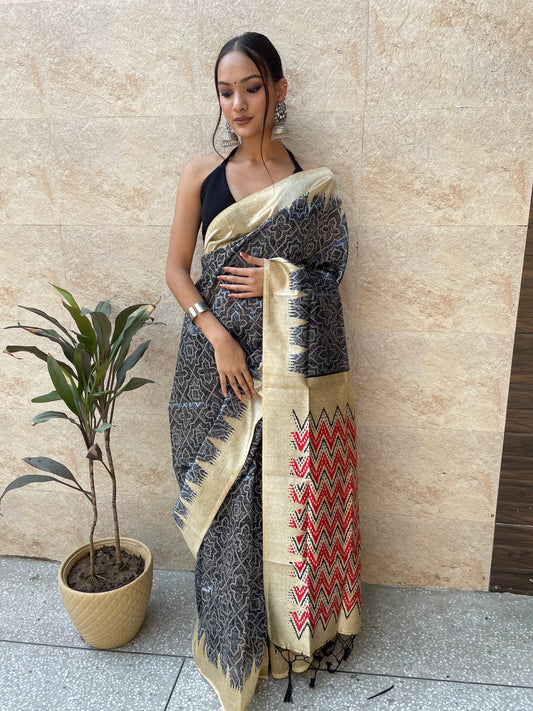 Black Ajrakh Digitally Printed Silk Saree