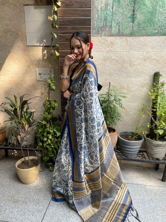 Blue Ajrakh Jaal Digital Printed Silk Saree