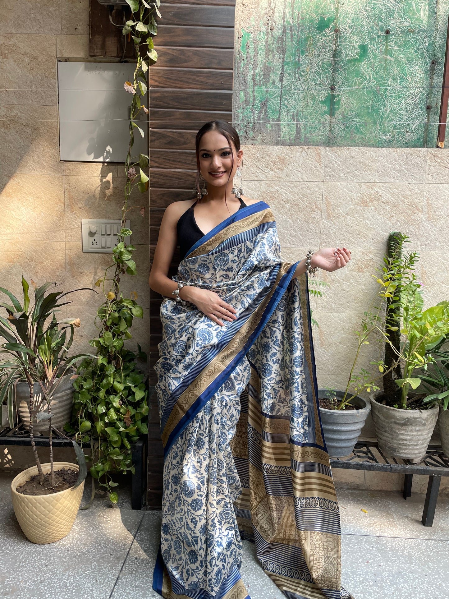 Blue Ajrakh Jaal Digital Printed Silk Saree