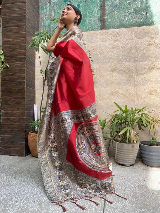 Kalamkari Elephant Print Silk Saree