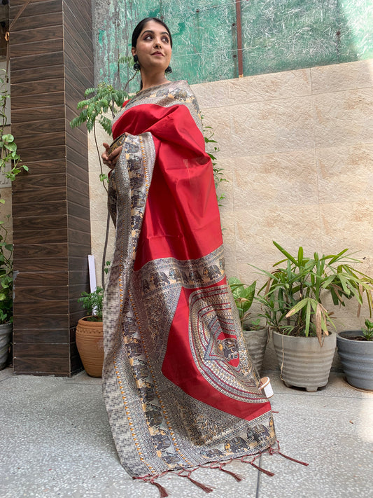 Kalamkari Elephant Print Silk Saree