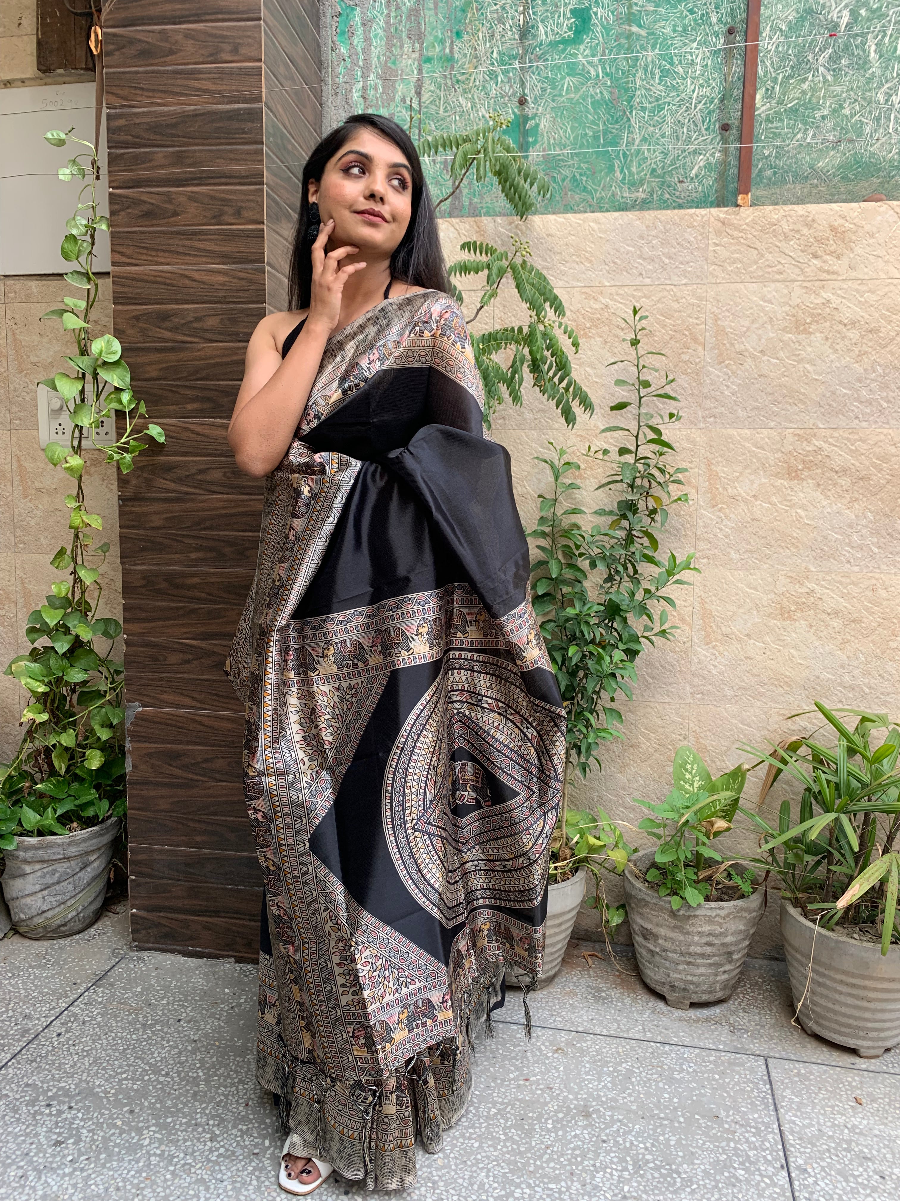 Elephant Print Saree with Contrast Border | Saree, Printed sarees, Handloom  saree