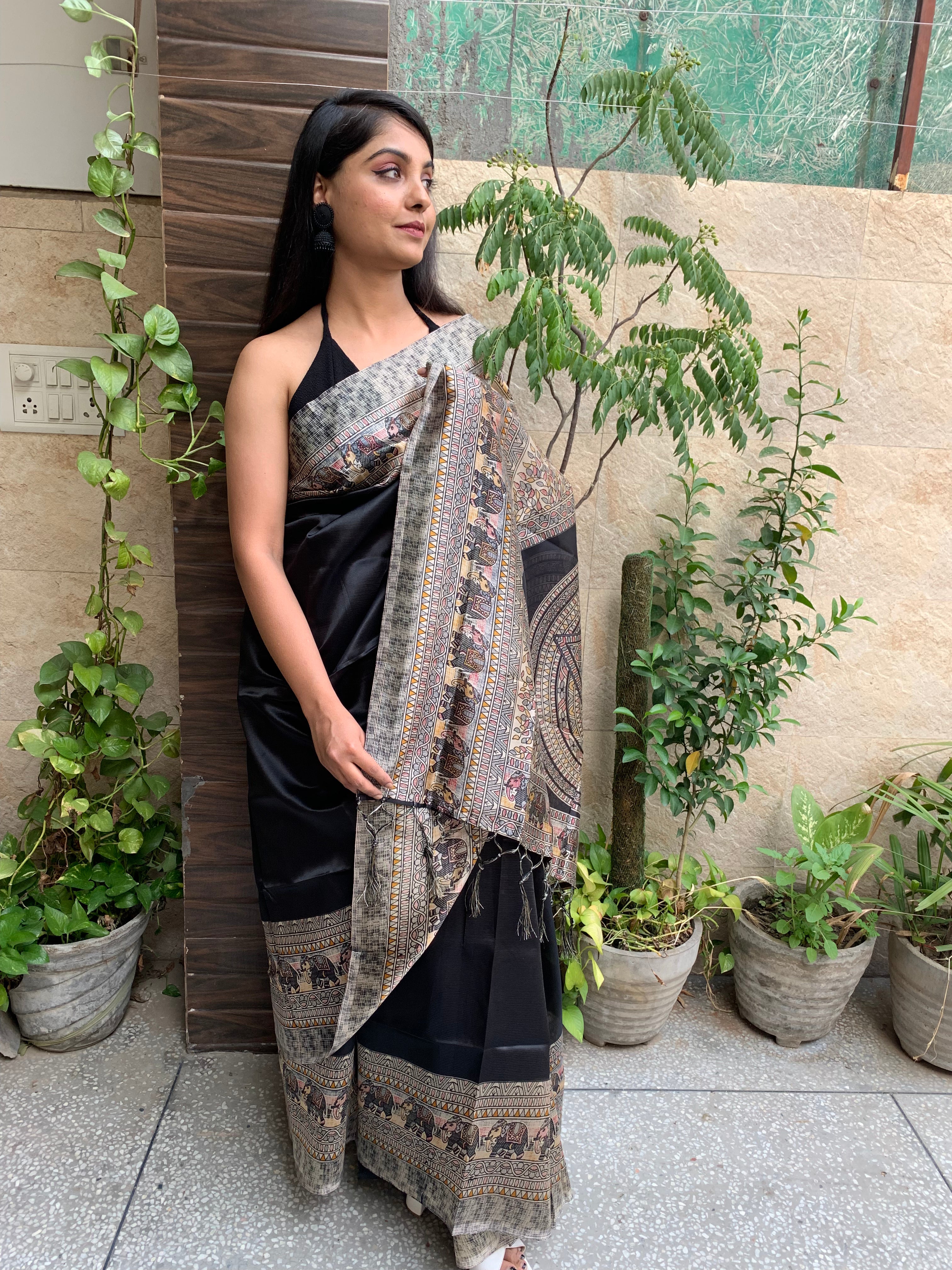 Sarees | White Elephant Print Saree | Freeup