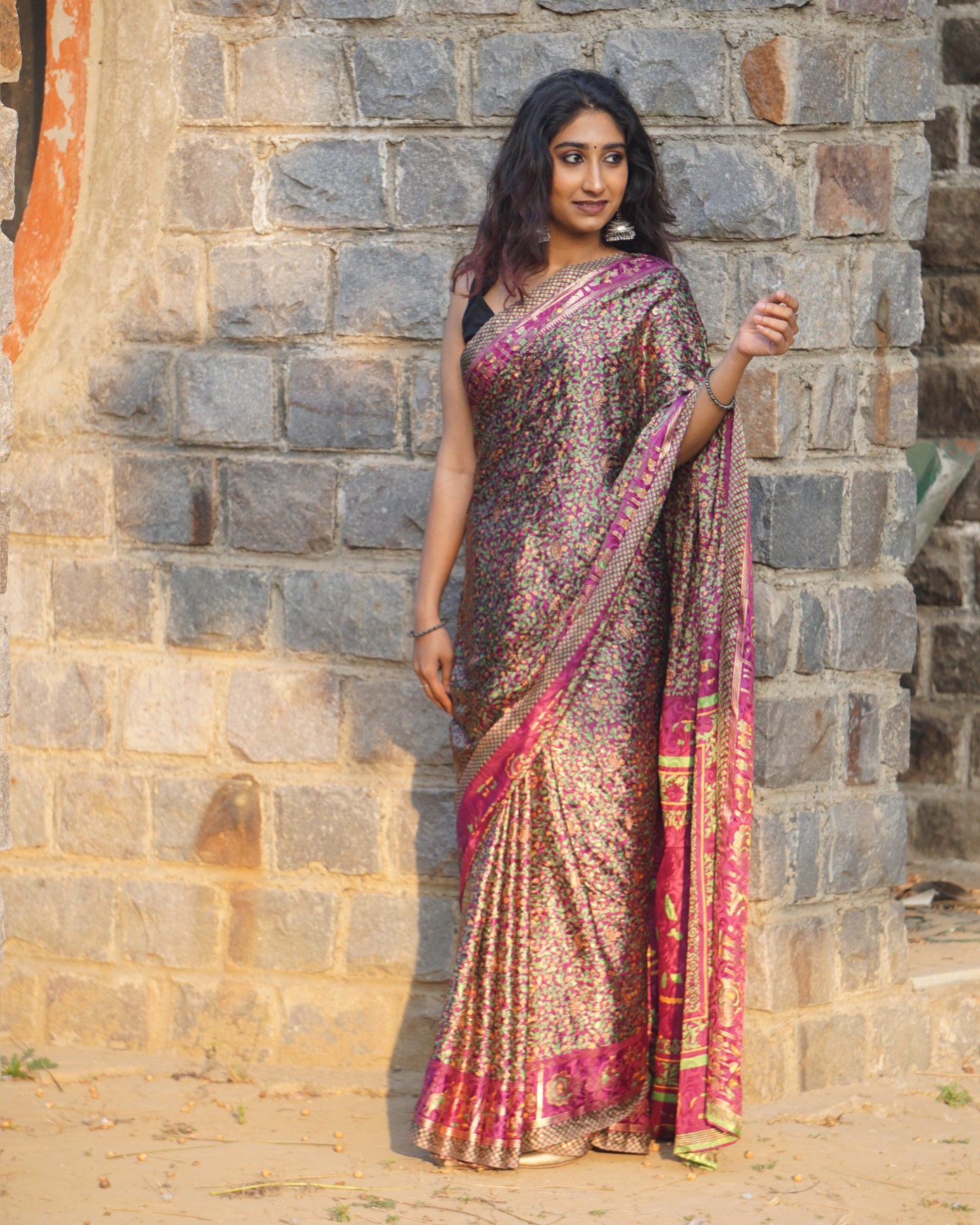 Kalamkari Aanchal Pink Silk Saree with Baraat Border