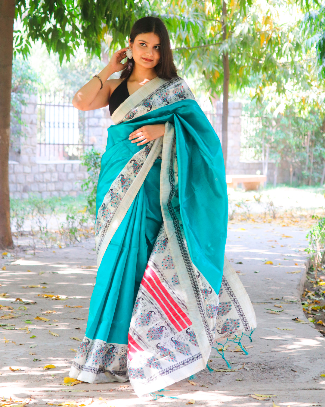 Peacock Print Designer Silk Blend Saree With Blouse Piece